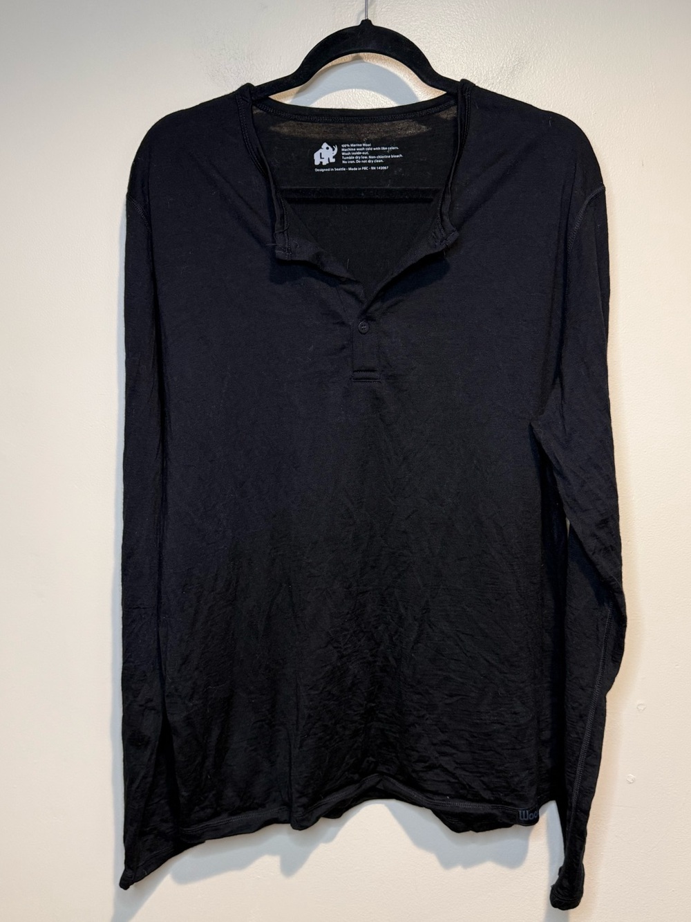 Woolly Men's Henley Long Sleeve 100% Merino wool Black Size Large